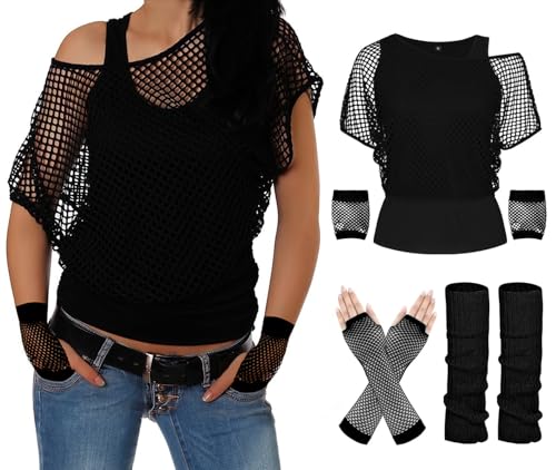 ELFIN 80er 90er Jahre Outfit Damen, Netzshirt, Tank top, Beinwärmer, Netzhandschuhe, 80er Jahre Netzoberteil Damen Tops Neon Shirt, 80er Kostüm Aerobic Kleidung Mottoparty Accessoires, Schwarz, S ELFIN 80er 90er Jahre Outfit Damen, Netzshirt, Tank top, Beinwärmer, Netzhandschuhe, 80er Jahre Netzoberteil Damen Tops Neon Shirt, 80er Kostüm Aerobic Kleidung Mottoparty Accessoires, Schwarz, S von ELFIN