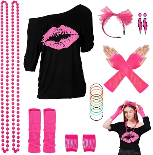 ELFIN 80er 90er Jahre Outfit Damen, T-Shirt, Stirnband, Ohrring, Halskette, Netzhandschuhe, Armband, Beinwärmer, 80er 90er Jahre Kostüm Aerobic Kleidung Mottoparty Accessoires Karneval, Schwarz-1, S ELFIN 80er 90er Jahre Outfit Damen, T-Shirt, Stirnband, Ohrring, Halskette, Netzhandschuhe, Armband, Beinwärmer, 80er 90er Jahre Kostüm Aerobic Kleidung Mottoparty Accessoires Karneval, Schwarz-1, S von ELFIN