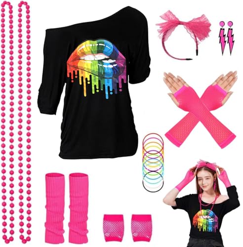 ELFIN 80er 90er Jahre Outfit Damen, T-Shirt, Stirnband, Ohrring, Halskette, Netzhandschuhe, Armband, Beinwärmer, 80er 90er Jahre Kostüm Aerobic Kleidung Mottoparty Accessoires Karneval, Schwarz-2, XL ELFIN 80er 90er Jahre Outfit Damen, T-Shirt, Stirnband, Ohrring, Halskette, Netzhandschuhe, Armband, Beinwärmer, 80er 90er Jahre Kostüm Aerobic Kleidung Mottoparty Accessoires Karneval, Schwarz-2, XL von ELFIN