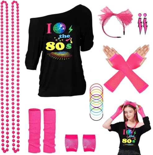 ELFIN 80er 90er Jahre Outfit Damen, T-Shirt, Stirnband, Ohrring, Halskette, Netzhandschuhe, Armband, Beinwärmer, 80er 90er Jahre Kostüm Aerobic Kleidung Mottoparty Accessoires Karneval, Schwarz-3, XL ELFIN 80er 90er Jahre Outfit Damen, T-Shirt, Stirnband, Ohrring, Halskette, Netzhandschuhe, Armband, Beinwärmer, 80er 90er Jahre Kostüm Aerobic Kleidung Mottoparty Accessoires Karneval, Schwarz-3, XL von ELFIN