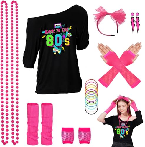 ELFIN 80er 90er Jahre Outfit Damen, T-Shirt, Stirnband, Ohrring, Halskette, Netzhandschuhe, Armband, Beinwärmer, 80er 90er Jahre Kostüm Aerobic Kleidung Mottoparty Accessoires Karneval, Schwarz-4, M ELFIN 80er 90er Jahre Outfit Damen, T-Shirt, Stirnband, Ohrring, Halskette, Netzhandschuhe, Armband, Beinwärmer, 80er 90er Jahre Kostüm Aerobic Kleidung Mottoparty Accessoires Karneval, Schwarz-4, M von ELFIN