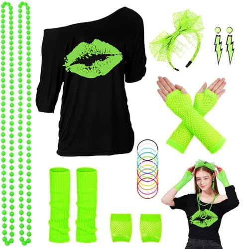 ELFIN 80er 90er Jahre Outfit Damen, T-Shirt, Stirnband, Ohrring, Halskette, Netzhandschuhe, Armband, Beinwärmer, 80er 90er Jahre Kostüm Aerobic Kleidung Mottoparty Accessoires Karneval, Schwarz-5, S ELFIN 80er 90er Jahre Outfit Damen, T-Shirt, Stirnband, Ohrring, Halskette, Netzhandschuhe, Armband, Beinwärmer, 80er 90er Jahre Kostüm Aerobic Kleidung Mottoparty Accessoires Karneval, Schwarz-5, S von ELFIN