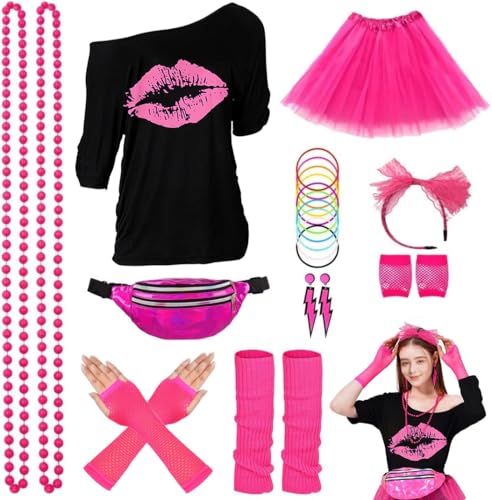 ELFIN 80er Jahre Outfit Damen, T-Shirt, Tutu, Gürteltasche, Stirnband, Ohrring, Halskette, Netzhandschuhe, Armband, Beinwärmer, 80er Jahre Kostüm Kleidung Mottoparty Accessoires, Schwarz-1, XXL ELFIN 80er Jahre Outfit Damen, T-Shirt, Tutu, Gürteltasche, Stirnband, Ohrring, Halskette, Netzhandschuhe, Armband, Beinwärmer, 80er Jahre Kostüm Kleidung Mottoparty Accessoires, Schwarz-1, XXL von ELFIN