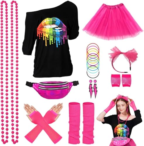ELFIN 80er Jahre Outfit Damen, T-Shirt, Tutu, Gürteltasche, Stirnband, Ohrring, Halskette, Netzhandschuhe, Armband, Beinwärmer, 80er Jahre Kostüm Kleidung Mottoparty Accessoires, Schwarz-2, L ELFIN 80er Jahre Outfit Damen, T-Shirt, Tutu, Gürteltasche, Stirnband, Ohrring, Halskette, Netzhandschuhe, Armband, Beinwärmer, 80er Jahre Kostüm Kleidung Mottoparty Accessoires, Schwarz-2, L von ELFIN