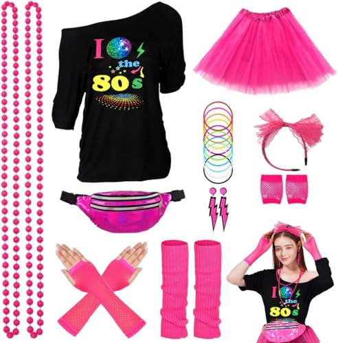 ELFIN 80er Jahre Outfit Damen, T-Shirt, Tutu, Gürteltasche, Stirnband, Ohrring, Halskette, Netzhandschuhe, Armband, Beinwärmer, 80er Jahre Kostüm Kleidung Mottoparty Accessoires, Schwarz-3, L ELFIN 80er Jahre Outfit Damen, T-Shirt, Tutu, Gürteltasche, Stirnband, Ohrring, Halskette, Netzhandschuhe, Armband, Beinwärmer, 80er Jahre Kostüm Kleidung Mottoparty Accessoires, Schwarz-3, L von ELFIN