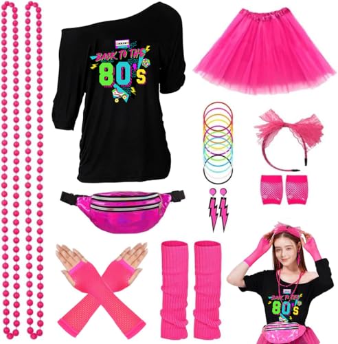 ELFIN 80er Jahre Outfit Damen, T-Shirt, Tutu, Gürteltasche, Stirnband, Ohrring, Halskette, Netzhandschuhe, Armband, Beinwärmer, 80er Jahre Kostüm Kleidung Mottoparty Accessoires, Schwarz-4, L ELFIN 80er Jahre Outfit Damen, T-Shirt, Tutu, Gürteltasche, Stirnband, Ohrring, Halskette, Netzhandschuhe, Armband, Beinwärmer, 80er Jahre Kostüm Kleidung Mottoparty Accessoires, Schwarz-4, L von ELFIN
