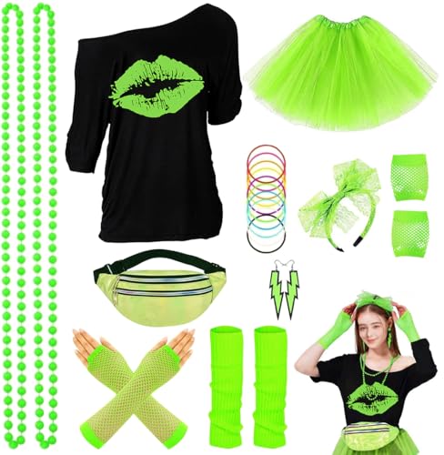 ELFIN 80er Jahre Outfit Damen, T-Shirt, Tutu, Gürteltasche, Stirnband, Ohrring, Halskette, Netzhandschuhe, Armband, Beinwärmer, 80er Jahre Kostüm Kleidung Mottoparty Accessoires, Schwarz-5, L ELFIN 80er Jahre Outfit Damen, T-Shirt, Tutu, Gürteltasche, Stirnband, Ohrring, Halskette, Netzhandschuhe, Armband, Beinwärmer, 80er Jahre Kostüm Kleidung Mottoparty Accessoires, Schwarz-5, L von ELFIN