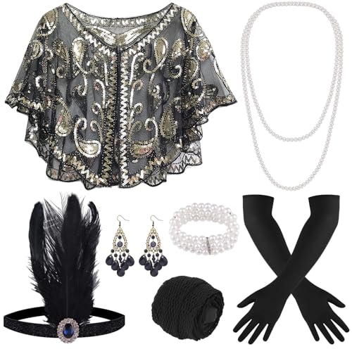 ELFIN 9 Teiliges 20er Accessoires, 1920er Flapper Great Gatsby Accessoires-Set Fashion Roaring 20's Theme Set mit Stirnband, Kopfbedeckung, langen schwarzen Handschuhen, Halskette, Schwarz Gold von ELFIN