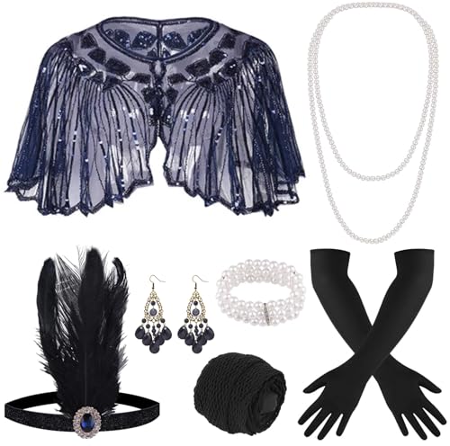 ELFIN 9-teiliges 1920er Flapper Great Gatsby Accessoires-Set Fashion Roaring 20's Theme Set mit Stirnband, Kopfbedeckung, langen schwarzen Handschuhen, Halskette, Schwarz Blau ELFIN 9-teiliges 1920er Flapper Great Gatsby Accessoires-Set Fashion Roaring 20's Theme Set mit Stirnband, Kopfbedeckung, langen schwarzen Handschuhen, Halskette, Schwarz Blau von ELFIN