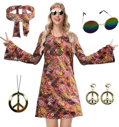ELFIN Hippie Kleidung Damen Hippie Kleider, Rundhals Hippie Party Kleid, 60er 70er Hippie Kostüm, mit Brille, Haarband, Halskette, Ohrringen, Disco-Outfit Damen Karneval Halloween, Braun, S ELFIN Hippie Kleidung Damen Hippie Kleider, Rundhals Hippie Party Kleid, 60er 70er Hippie Kostüm, mit Brille, Haarband, Halskette, Ohrringen, Disco-Outfit Damen Karneval Halloween, Braun, S von ELFIN