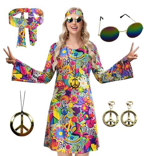 ELFIN Hippie Kleidung Damen Hippie Kleider, Rundhals Hippie Party Kleid, 60er 70er Hippie Kostüm, mit Brille, Haarband, Halskette, Ohrringen, Disco-Outfit Damen Karneval Halloween, Bunte-geblümt, L ELFIN Hippie Kleidung Damen Hippie Kleider, Rundhals Hippie Party Kleid, 60er 70er Hippie Kostüm, mit Brille, Haarband, Halskette, Ohrringen, Disco-Outfit Damen Karneval Halloween, Bunte-geblümt, L von ELFIN