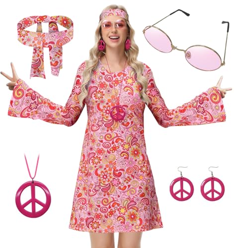 ELFIN Hippie Kleidung Damen Hippie Kleider, Rundhals Hippie Party Kleid, 60er 70er Hippie Kostüm, mit Brille, Haarband, Halskette, Ohrringen, Disco-Outfit Damen Karneval Halloween, Pink-geblümt, M ELFIN Hippie Kleidung Damen Hippie Kleider, Rundhals Hippie Party Kleid, 60er 70er Hippie Kostüm, mit Brille, Haarband, Halskette, Ohrringen, Disco-Outfit Damen Karneval Halloween, Pink-geblümt, M von ELFIN