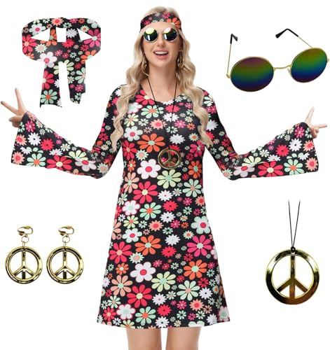 ELFIN Hippie Kleidung Damen Hippie Kleider, Rundhals Hippie Party Kleid, 60er 70er Hippie Kostüm, mit Brille, Haarband, Halskette, Ohrringen, Disco-Outfit Damen Karneval Halloween, Schwarz-blume, M ELFIN Hippie Kleidung Damen Hippie Kleider, Rundhals Hippie Party Kleid, 60er 70er Hippie Kostüm, mit Brille, Haarband, Halskette, Ohrringen, Disco-Outfit Damen Karneval Halloween, Schwarz-blume, M von ELFIN