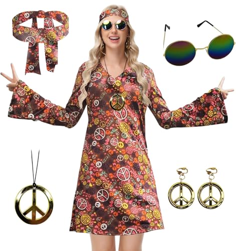 ELFIN Hippie Kleidung Damen V Ausschnitt Hippie Party Kleid, 60er 70er Hippie Kostüm, mit Brille, Haarband, Halskette, Ohrringen, Disco-Outfit Damen Karneval Halloween, Braun, L ELFIN Hippie Kleidung Damen V Ausschnitt Hippie Party Kleid, 60er 70er Hippie Kostüm, mit Brille, Haarband, Halskette, Ohrringen, Disco-Outfit Damen Karneval Halloween, Braun, L von ELFIN