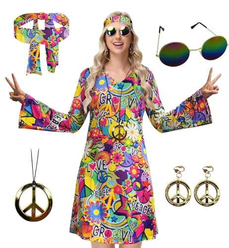 ELFIN Hippie Kleidung Damen V Ausschnitt Hippie Party Kleid, 60er 70er Hippie Kostüm, mit Brille, Haarband, Halskette, Ohrringen, Disco-Outfit Damen Karneval Halloween, Bunte-F, M ELFIN Hippie Kleidung Damen V Ausschnitt Hippie Party Kleid, 60er 70er Hippie Kostüm, mit Brille, Haarband, Halskette, Ohrringen, Disco-Outfit Damen Karneval Halloween, Bunte-F, M von ELFIN