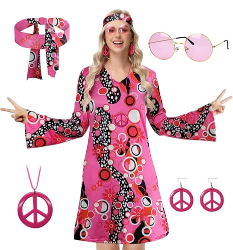 ELFIN Hippie Kleidung Damen V Ausschnitt Hippie Party Kleid, 60er 70er Hippie Kostüm, mit Brille, Haarband, Halskette, Ohrringen, Disco-Outfit Damen Karneval Halloween, Pink, L ELFIN Hippie Kleidung Damen V Ausschnitt Hippie Party Kleid, 60er 70er Hippie Kostüm, mit Brille, Haarband, Halskette, Ohrringen, Disco-Outfit Damen Karneval Halloween, Pink, L von ELFIN