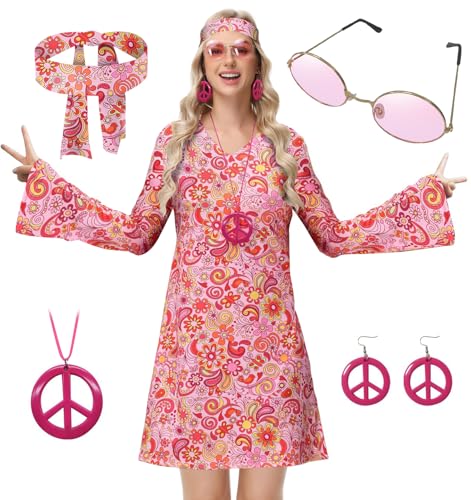 ELFIN Hippie Kleidung Damen V Ausschnitt Hippie Party Kleid, 60er 70er Hippie Kostüm, mit Brille, Haarband, Halskette, Ohrringen, Disco-Outfit Damen Karneval Halloween, Pink-F, S ELFIN Hippie Kleidung Damen V Ausschnitt Hippie Party Kleid, 60er 70er Hippie Kostüm, mit Brille, Haarband, Halskette, Ohrringen, Disco-Outfit Damen Karneval Halloween, Pink-F, S von ELFIN