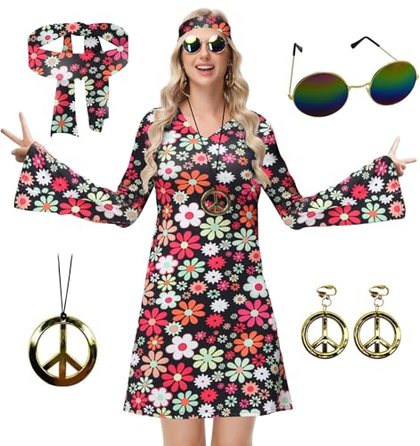 ELFIN Hippie Kleidung Damen V Ausschnitt Hippie Party Kleid, 60er 70er Hippie Kostüm, mit Brille, Haarband, Halskette, Ohrringen, Disco-Outfit Damen Karneval Halloween, Schwarz, L ELFIN Hippie Kleidung Damen V Ausschnitt Hippie Party Kleid, 60er 70er Hippie Kostüm, mit Brille, Haarband, Halskette, Ohrringen, Disco-Outfit Damen Karneval Halloween, Schwarz, L von ELFIN