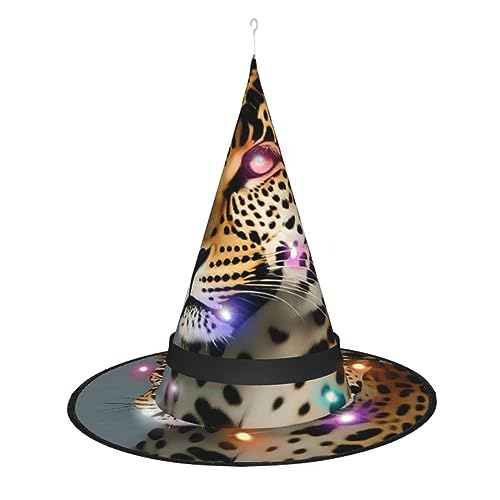 ELFcat Hexenhüte für Frauen, Halloween-Hexenhüte mit Licht für Dekoration, Zaubererhut, Tier-Leopard, 3 Stück von ELFcat