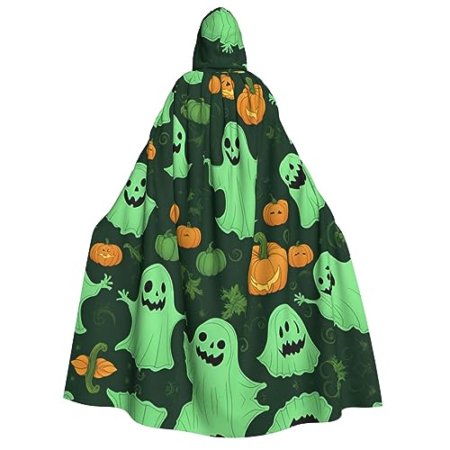 ELFcat Kapuzenumhang für Erwachsene, Unisex, volle Länge, Halloween, Karneval, Partyzubehör, Teufel-Hexen-Umhang, 147,3 cm, grüner Geist, Horror, Halloween-Kürbis von ELFcat