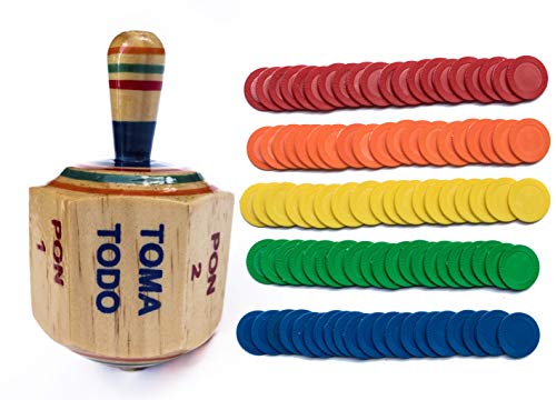 Pirinola Mexicana Toma Todo Set - Holzkreisel Spiel 10.2 cm hoch - 100 Zählchips für mexikanisches Bingo - Toma Todo Mexikanisches Spiel - Partyspiele für mexikanische Fiesta von ELIASM