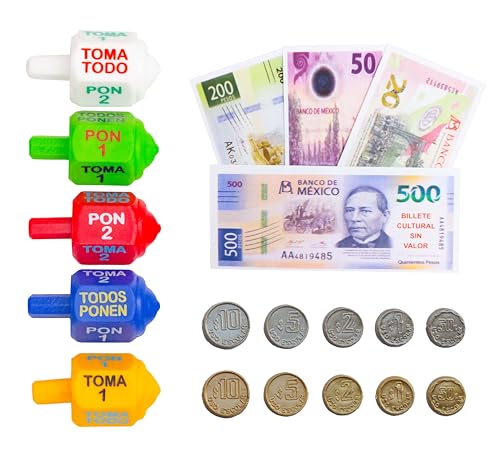 Toma Todo Pirinola Mexicana Spinner Kunststoffmünzen und mexikanische Pesos – Mexikanische Kunststoffkreisel Spiel Perfekt für mexikanische Fiesta-Motto-Party, Cinco de Mayo Familie Mexikanische von ELIASM