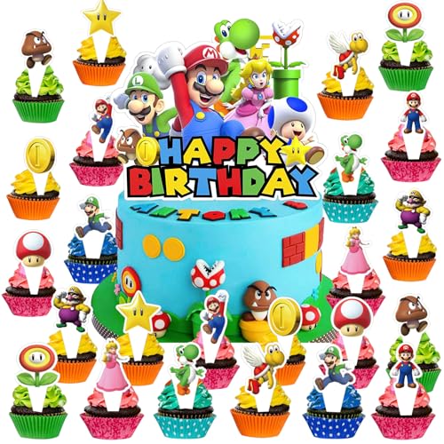 ELIE&EASON Mario Geburtstag Dekorationen, Mario Kuchen Topper mit 24 Cupcake Topper, Party Dekorationen Supplies für Fans Kinder Jugendliche von ELIE&EASON