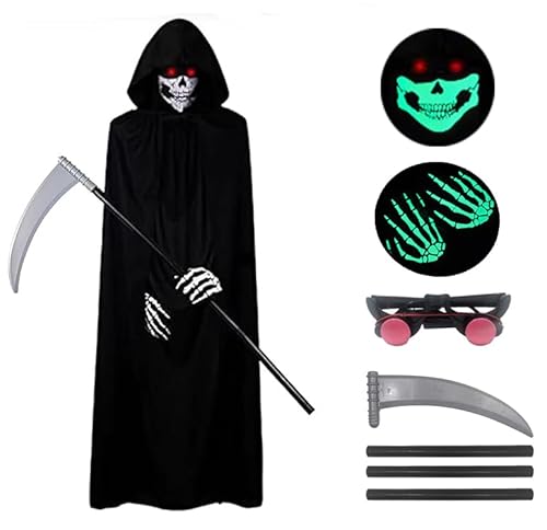 ELINA Sensenmann Kostüm Karneval Halloween Grim Reaper Kapuzen Umhang Cosplay Kostüm mit Todessense Leuchtende Gläser und Schädelmaske, Geisterhandschuhe ELINA Sensenmann Kostüm Karneval Halloween Grim Reaper Kapuzen Umhang Cosplay Kostüm mit Todessense Leuchtende Gläser und Schädelmaske, Geisterhandschuhe von ELINA