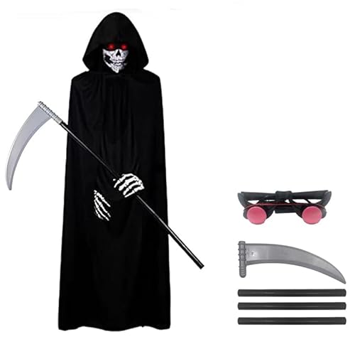 ELINA Sensenmann Kostüm Karneval Halloween Grim Reaper Kapuzen Umhang Cosplay Kostüm mit Todessense Leuchtende Gläser und Schädelmaske, Geisterhandschuhe von ELINA