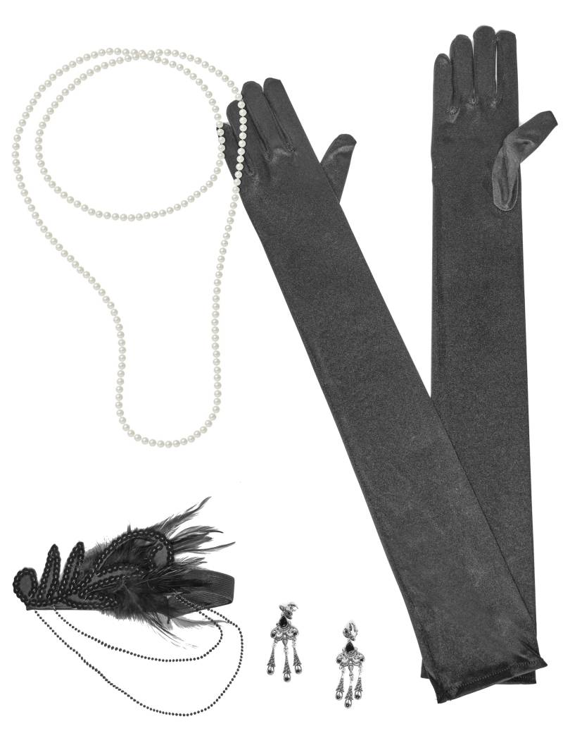 20er Jahre Accessoire-Set für Damen 7-teilig schwarz von KARNEVAL-MEGASTORE