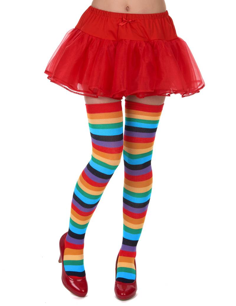 Clown Damen Strümpfe Overknees bunt gestreift von KARNEVAL-MEGASTORE