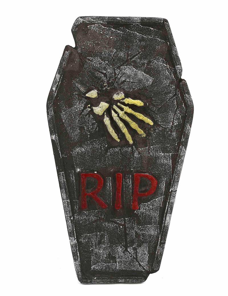 Halloween-Grabstein RIP mit Knochenhand grau-gelb-rot 59x35cm von KARNEVAL-MEGASTORE