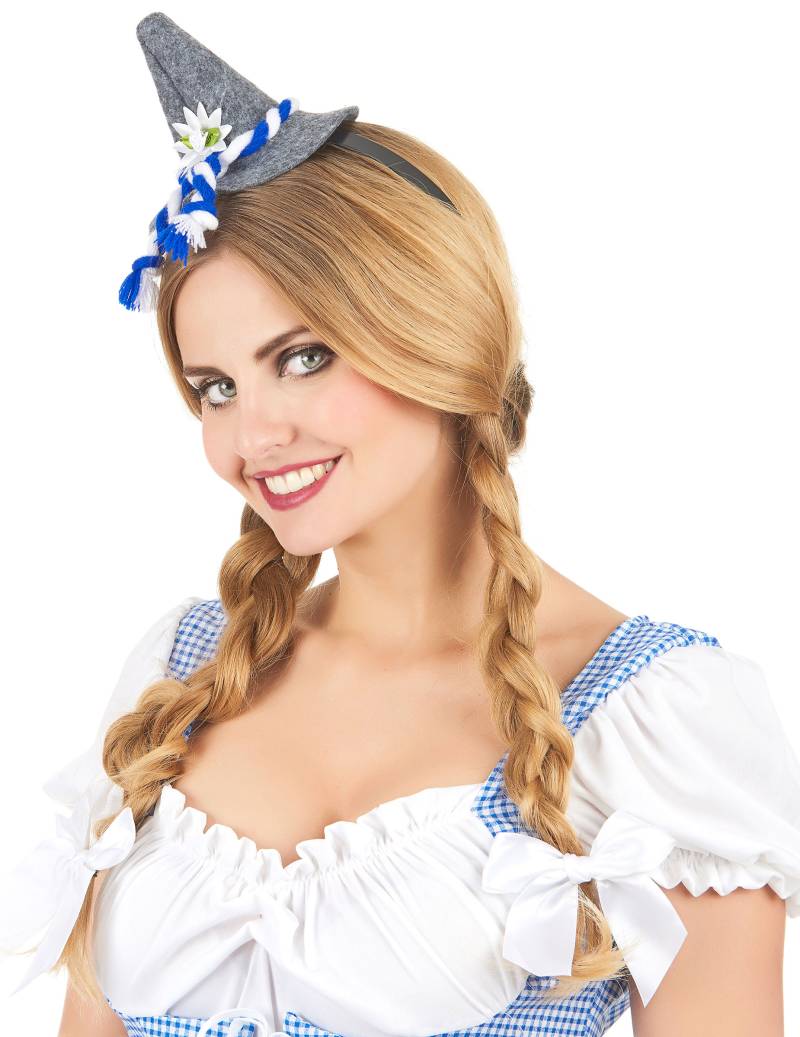 Mini Bayern-Hut mit Haarreif grau-blau-weiss von KARNEVAL-MEGASTORE