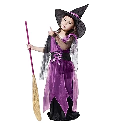 ELLASASUXI Halloween Hexenkostüm Kinder Mädchen 4 bis 12 Jahre,Halloween Kostüm Hexe Mädchen mit Hut für Halloween Karneval Cosplay Party von ELLASASUXI