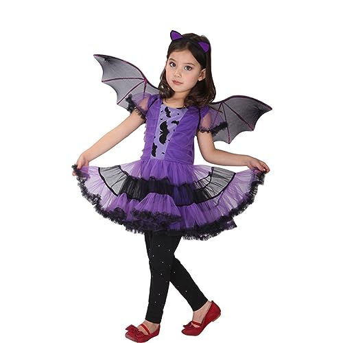 ELLASASUXI Halloween Kostüm Fledermaus Mädchen mit Flügeln & Kopfschmuck 3 bis 14 Jahre,Cosplay Lila Schwarz Tutu Kleid,Karneval Halloween Party Kostüm für Kinder von ELLASASUXI