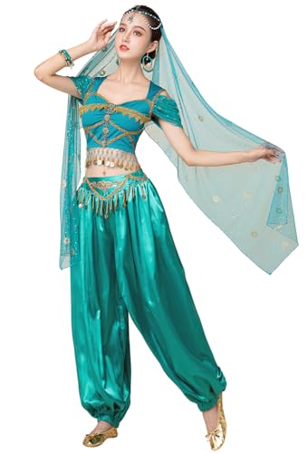 ELLYDOOR Arabisches Jasmin-Kostüm für Damen, Prinzessinnen-Kostüm, Halloween, Bauchtanz, Oberteil, Hose, 4-teiliges Outfit, 31 Jasminblau, M von ELLYDOOR