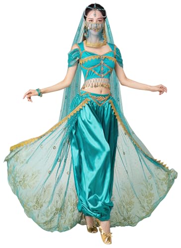 ELLYDOOR Arabisches Jasmin-Kostüm für Damen, Prinzessinnen-Kostüm, Halloween, Bauchtanz-Top, Hose, 4-teiliges Outfit, 36Jasminblau, M ELLYDOOR Arabisches Jasmin-Kostüm für Damen, Prinzessinnen-Kostüm, Halloween, Bauchtanz-Top, Hose, 4-teiliges Outfit, 36Jasminblau, M von ELLYDOOR