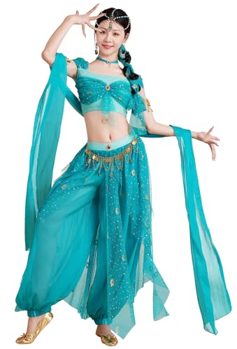 ELLYDOOR Jasmin-Kostüme für Damen, Erwachsene, Bauchtanz, Aladdin, Prinzessin, Kleid, Up, Halloween, Cosplay-Outfit, Jasminblau, S von ELLYDOOR
