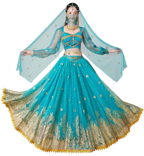 ELLYDOOR Prinzessin Jasmin Kostüme für Damen, Aladin, Kostüm, Halloween, Cosplay, Bauchtanz-Outfit (40Jasminblau, Größe S) von ELLYDOOR