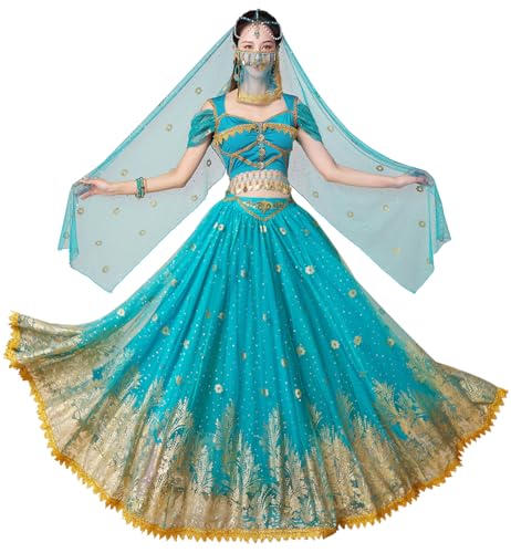 ELLYDOOR Prinzessin Jasmin Kostüme für Frauen Erwachsene Aladdin Dress UP Halloween Cosplay Bauchtanz Outfit, Jasminblau, S ELLYDOOR Prinzessin Jasmin Kostüme für Frauen Erwachsene Aladdin Dress UP Halloween Cosplay Bauchtanz Outfit, Jasminblau, S von ELLYDOOR