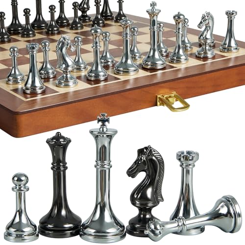 ELONGDI Metall-Schach-Set für Erwachsene und Kinder, 30,5 cm, zusammenklappbares Schachbrett aus Holz und Metallteile, Reise-Schach-Set, extra Königinnen und 6,3 cm König, ideales Geschenk für von ELONGDI