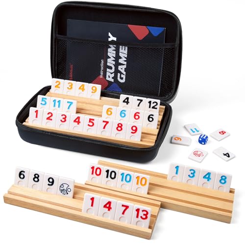 ELONGDI Rummy Cube Spiel-Set mit 4 Holzregalen, 106 Rommé-Fliesen und tragbarer Tasche, klassische Reise-Brettspiele für Erwachsene und Kinder, geeignet für Spieleabende und Versammlungen von ELONGDI