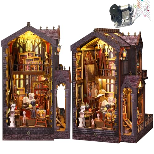 DIY Book Nook Kit 3D Wooden Puzzle, Puppenhaus mit LED DIY Bookend Puppenhaus Kit Crafts Hobbies Gifts (Zauberhaftes Malatelier) von ELPHNUTSEY