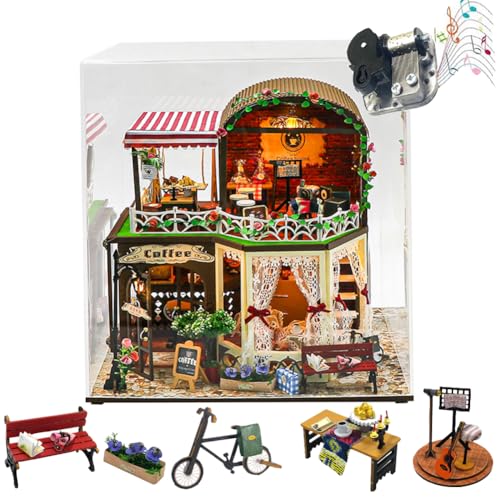 DIY Dollhouse Houses – Bastelset aus Holz mit Warmer LED-Beleuchtung,Creative Set for Bookshelf Decoration– kreatives Geschenk für Erwachsene (Mit Staubschutzhülle) von ELPHNUTSEY