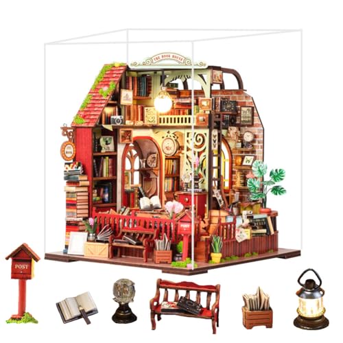 DIY Dollhouse Houses-DIY Musikdosen-Haus – Bastelset aus Holz mit Warmer LED-Beleuchtung,Creative Set for Bookshelf Decoration– kreatives Geschenk für Erwachsene (Mit Staubschutzhaube) von ELPHNUTSEY