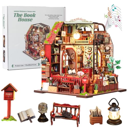DIY Dollhouse Houses-DIY Musikdosen-Haus – Bastelset aus Holz mit Warmer LED-Beleuchtung,Creative Set for Bookshelf Decoration– kreatives Geschenk für Erwachsene (Ohne Staubschutzhaube) von ELPHNUTSEY