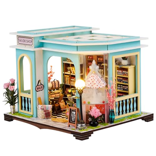 DIY Miniatur Haus Kit, Kreative Zimmer Holz Puppenhaus Zubehör Schneiderei Tiny House Kit zum Bauen mit LED-Leuchten und Möbeln von ELPHNUTSEY