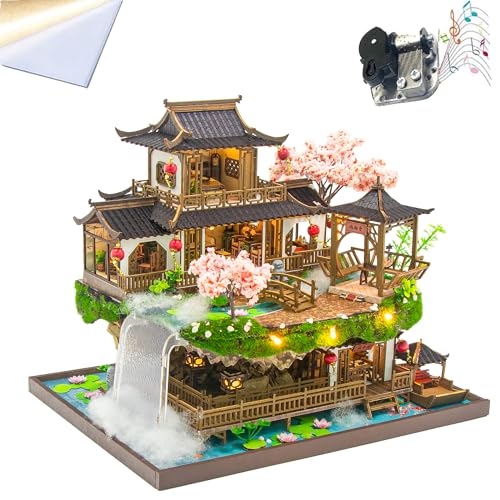 DIY-Puppenhäuser, Miniaturhaus-Bausatz für Erwachsene mit LED-Beleuchtung, 3D-Zimmerpuzzle & Buchstütze – Kreativset zur Regaldekoration Chinesischer Vintage-Stil (Mit Staubschutz) von ELPHNUTSEY