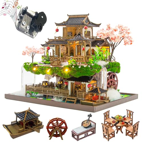 DIY-Puppenhäuser, Miniaturhaus-Bausatz für Erwachsene mit LED-Beleuchtung, 3D-Zimmerpuzzle & Buchstütze – Kreativset zur Regaldekoration Chinesischer Vintage-Stil (Ohne Staubschutz) von ELPHNUTSEY