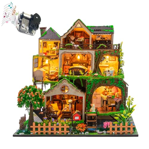 DIY-Puppenhäuser, Miniaturhaus-Bausatz für Erwachsene mit LED-Beleuchtung, 3D-Zimmerpuzzle & Buchstütze – Kreativset zur Regaldekoration Märchenwald (ohne Staubschutz) von ELPHNUTSEY